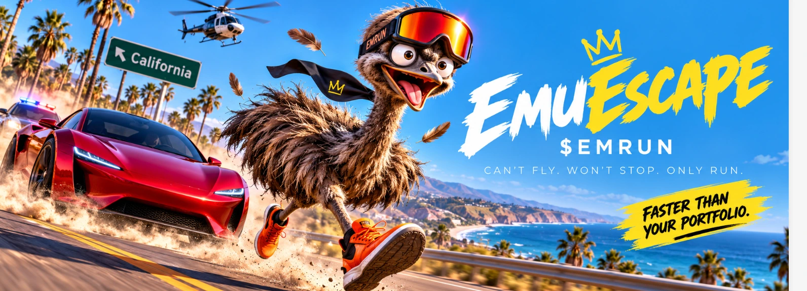 A determined emu in racing goggles and orange shoes running ahead of an unbadged red roadster on the California coast. EmuEscape. $EMRUN. CAN’T FLY. WON’T STOP. ONLY RUN.